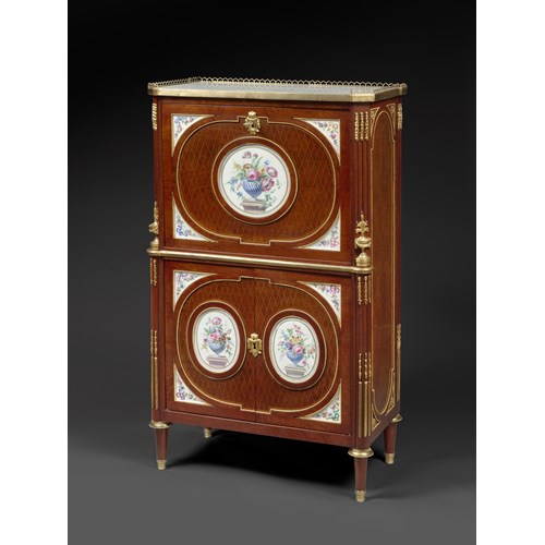 A FINE FRENCH ORMOLU AND PORCELAIN-MOUNTED MAHOGANY SECRETAIRE A ABATTANT Louis XVI